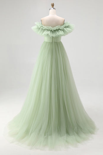 Dusty Rose A Line Tulle Ruffled Long Formal Dress