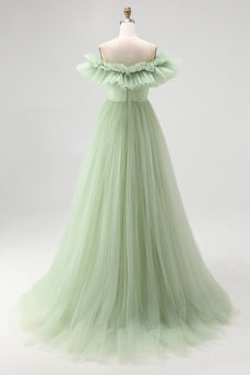 Dusty Sage Tulle A Line Off The Shoulder Long Formal Dress with Ruffles