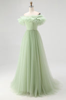 Load image into Gallery viewer, Dusty Sage Tulle A Line Long Formal Dress with Ruffles