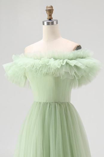 Dusty Rose A Line Tulle Ruffled Long Formal Dress