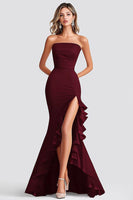 Load image into Gallery viewer, Burgundy Mermaid Asymmetrical Long Formal Dress with Slit