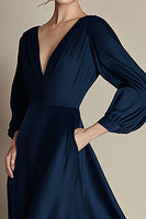 Load image into Gallery viewer, Navy V-Neck A Line Satin Long Formal Dress with Sleeves