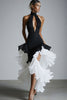 Load image into Gallery viewer, Black&amp;White Keyhole Satin Sheath High Low Formal Dress