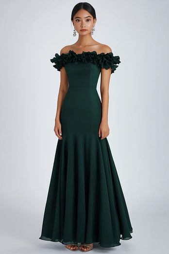 Dark Green Sheath Pleated Off the Shoulder Long Formal Dress with Ruffles