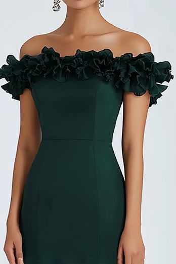 Dark Green Sheath Pleated Off the Shoulder Long Formal Dress with Ruffles