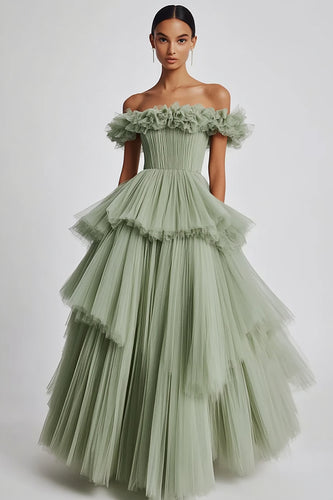 Dusty Sage Ball Gown Tulle Long Formal Dress with Ruffles