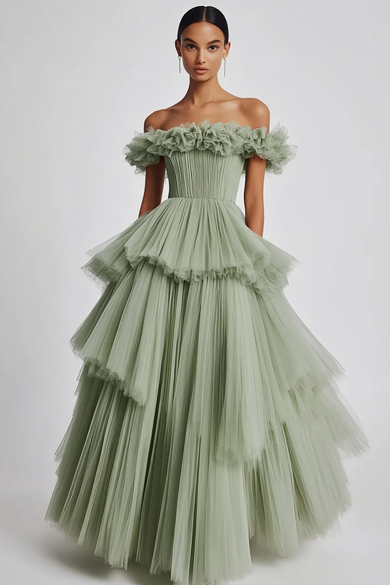 Load image into Gallery viewer, Dusty Sage Ball Gown Tulle Long Formal Dress with Ruffles