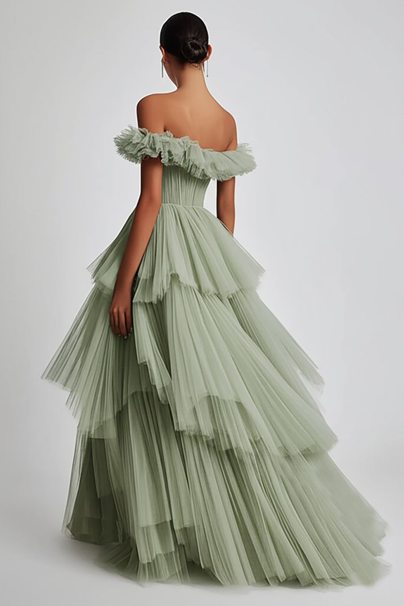 Load image into Gallery viewer, Dusty Sage Ball Gown Tulle Long Formal Dress with Ruffles