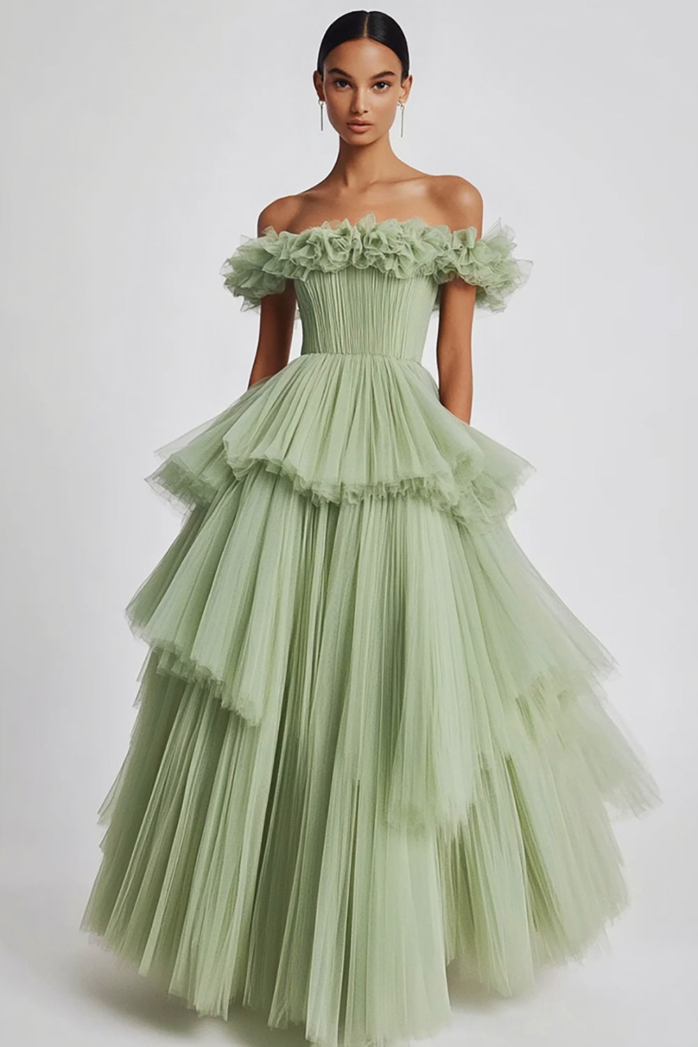 Dusty Sage Ball Gown Tulle Long Formal Dress with Ruffles