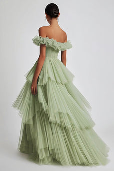 Dusty Sage Ball Gown Tulle Long Formal Dress with Ruffles