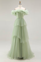 Load image into Gallery viewer, Dusty Sage Tulle A Line Ball Gown Long Formal Dress with Ruffles