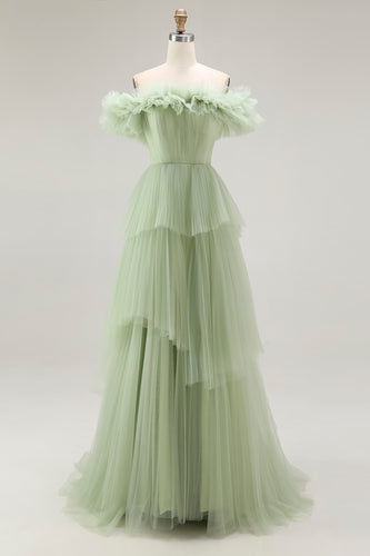 Dusty Sage Tulle A Line Ball Gown Long Formal Dress with Ruffles