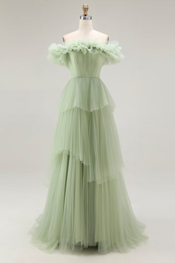 Dusty Sage Tulle A Line Ball Gown Long Formal Dress with Ruffles