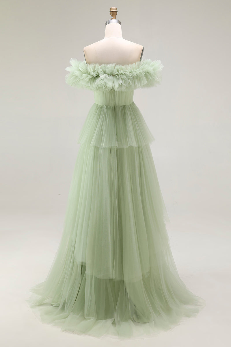 Load image into Gallery viewer, Dusty Sage Tulle A Line Ball Gown Long Formal Dress with Ruffles