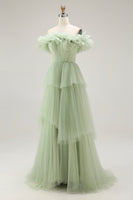 Load image into Gallery viewer, Dusty Sage Tulle A Line Ball Gown Long Formal Dress with Ruffles