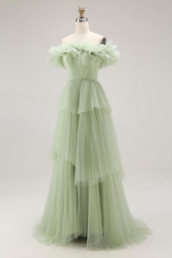 Dusty Sage Tulle A Line Ball Gown Long Formal Dress with Ruffles