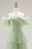 Load image into Gallery viewer, Dusty Sage Tulle A Line Ball Gown Long Formal Dress with Ruffles