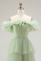 Load image into Gallery viewer, Dusty Sage Tulle A Line Ball Gown Long Formal Dress with Ruffles