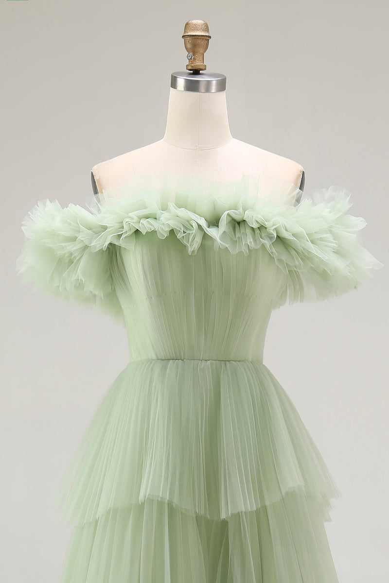 Load image into Gallery viewer, Dusty Sage Tulle A Line Ball Gown Long Formal Dress with Ruffles
