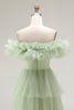 Load image into Gallery viewer, Dusty Sage Tulle A Line Ball Gown Long Formal Dress with Ruffles