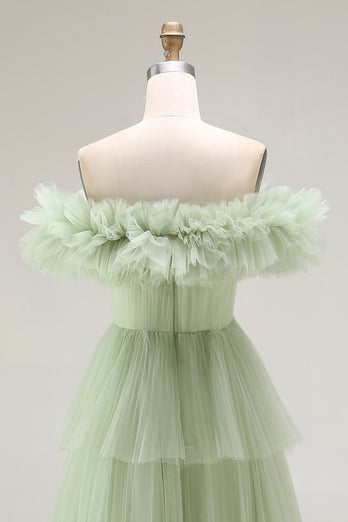 Dusty Sage Tulle A Line Ball Gown Long Formal Dress with Ruffles