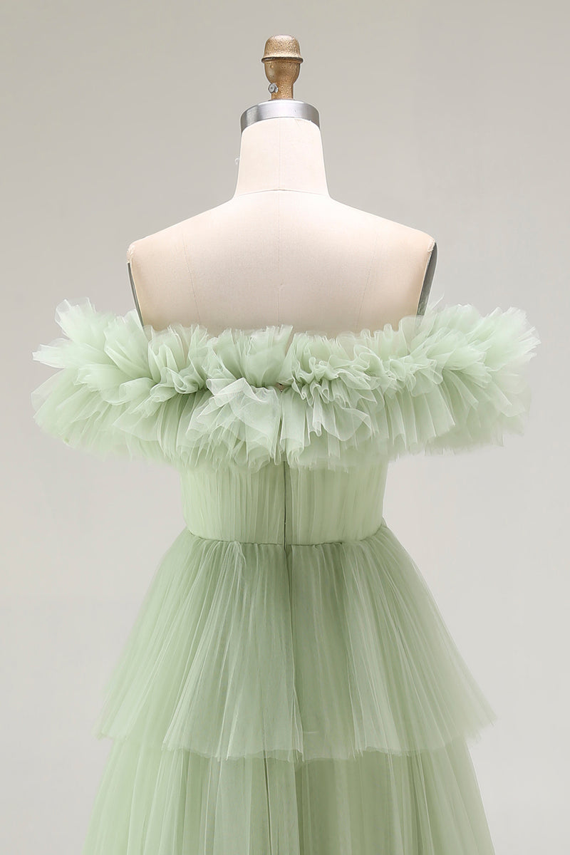 Load image into Gallery viewer, Dusty Sage Tulle A Line Ball Gown Long Formal Dress with Ruffles