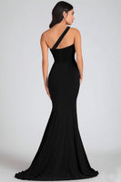 Load image into Gallery viewer, Chiffon Mermaid One Shoulder Keyhole Long Black Tie Dress