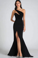 Load image into Gallery viewer, Chiffon Mermaid One Shoulder Keyhole Long Black Tie Dress