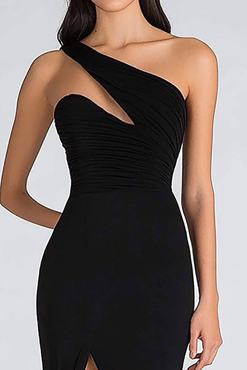 Load image into Gallery viewer, Chiffon Mermaid One Shoulder Keyhole Long Black Tie Dress