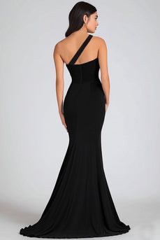 Chiffon Mermaid One Shoulder Keyhole Long Black Tie Dress