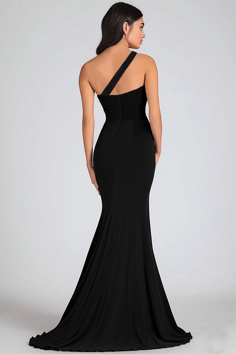 Load image into Gallery viewer, Chiffon Mermaid One Shoulder Keyhole Long Black Tie Dress