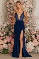 Load image into Gallery viewer, Sparkly Dark Blue V-Neck Sheath Chiffon Long Formal Dress with Slit