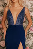 Load image into Gallery viewer, Sparkly Dark Blue V-Neck Sheath Chiffon Long Formal Dress with Slit
