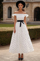 Load image into Gallery viewer, Black&amp;White A Line Off the Shoulder Ruffled Long Formal Dress