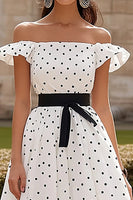 Load image into Gallery viewer, Black&amp;White A Line Off the Shoulder Ruffled Long Formal Dress