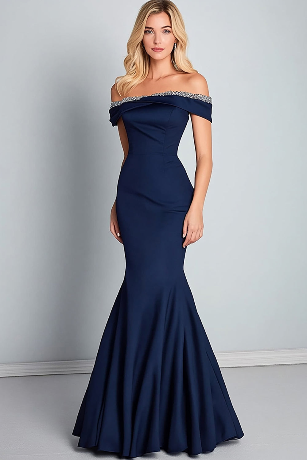 Navy Off the Shoulder Mermaid Long Formal Dress