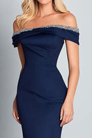 Load image into Gallery viewer, Navy Mermaid Off the Shoulder Long Formal Dress with Beading