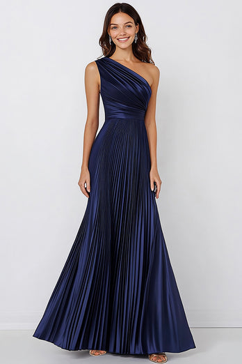 Navy Satin A Line Pleated One Shoulder Long Formal Dress