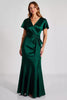 Load image into Gallery viewer, Dark Green Sheath V-Neck Satin Long Formal Dress with Bowknot