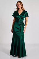 Load image into Gallery viewer, Dark Green Sheath V-Neck Satin Long Formal Dress with Bowknot