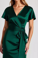 Load image into Gallery viewer, Dark Green Sheath V-Neck Satin Long Formal Dress with Bowknot
