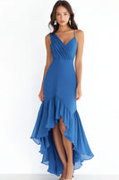 Load image into Gallery viewer, Blue Chiffon Sheath High Low Ruched Formal Dress