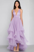Load image into Gallery viewer, Lilac Tulle A Line Tiered Asymmetrical Long Formal Dress