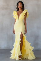 Load image into Gallery viewer, Yellow Chiffon Mermaid Ruffled Long Formal Dress with Slit