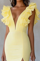 Load image into Gallery viewer, Yellow Chiffon Mermaid Ruffled Long Formal Dress with Slit