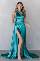 Load image into Gallery viewer, Peacock Blue A Line Satin Sleeveless Long Formal Dress with Slit
