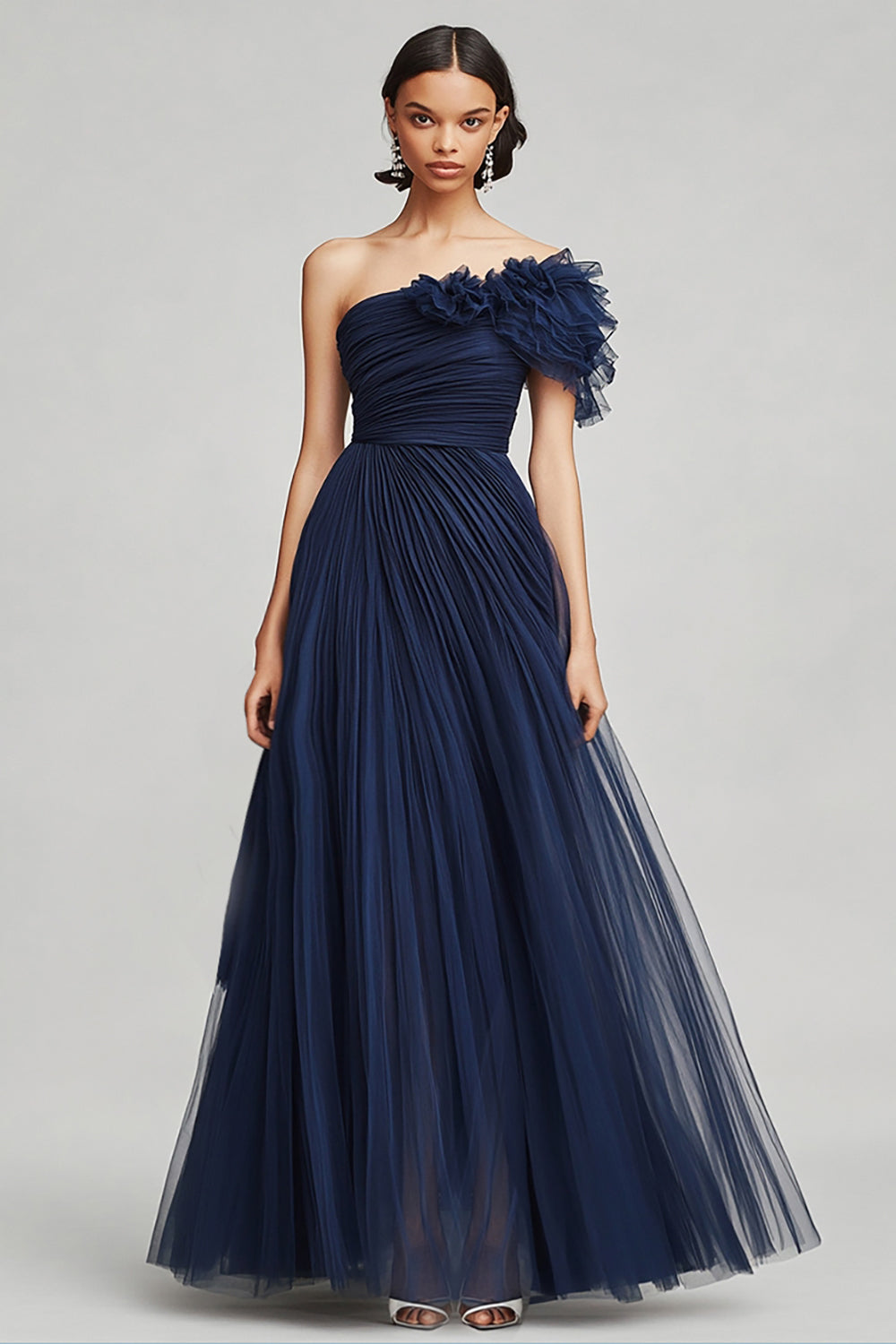Navy Tulle A Line One Shoulder Long Formal Dress with Ruffles