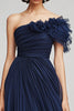 Load image into Gallery viewer, Navy Tulle A Line One Shoulder Long Formal Dress with Ruffles