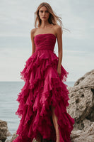 Load image into Gallery viewer, Fuchsia Tulle A Line Tiered Ruched Long Formal Dress