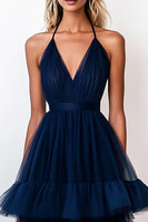 Load image into Gallery viewer, Navy Tiered V-Neck Tulle A Line Long Formal Dress